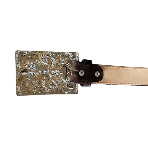 Micuari Cinturón de piel marrón con hebilla estilo western cowboy cabeza de caballo (30)