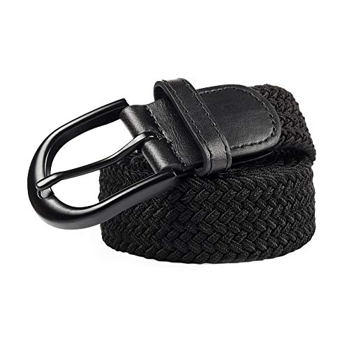 Mile High Life Cinturón Elástico Trenzado con Bordado Extensible, Hebilla Metálica Negra Ovalada y Terminaciones en Cuero para Hombre/Mujer/Niños (Negro, X-Grande 101cm-106cm (121.5cm de longitud))