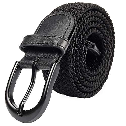 Mile High Life Cinturón Elástico Trenzado con Bordado Extensible, Hebilla Metálica Negra Ovalada y Terminaciones en Cuero para Hombre/Mujer/Niños (Negro, X-Grande 101cm-106cm (121.5cm de longitud))