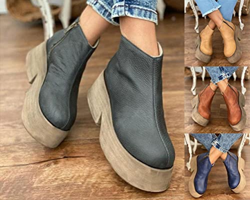 Minetom Botines De Mujer con Cremallera Zapatos De Plataforma De Cuero PU Botas De Eje Corto Vintage Botines De Otoño Invierno A Caqui 39 EU