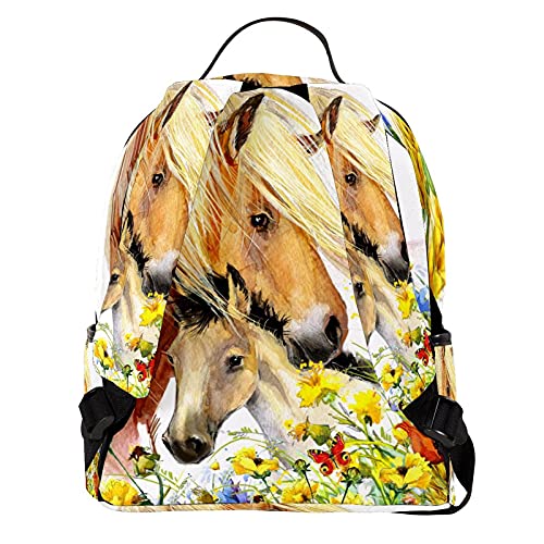 Mini mochila para mujer, bolsa de viaje de cuero, caballo y potro, con flores de prado, para trabajo, escuela, al aire libre