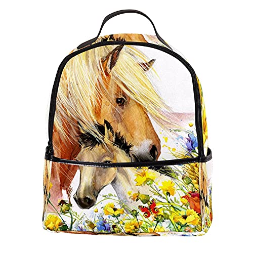 Mini mochila para mujer, bolsa de viaje de cuero, caballo y potro, con flores de prado, para trabajo, escuela, al aire libre