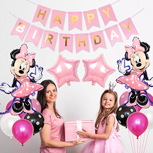 Minnie Globo Decoraciones ​de umpleaños de Minnie Mouse Temática Rosado de Globo de Aluminio Digital set Happy Birthday Party Supplies para Decoraci ón de Niños 15 Piezas