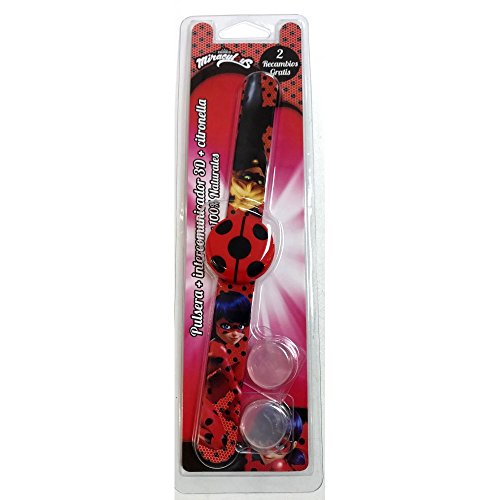 Miraculous Pulsera ANTIMOSQUITOS DE CITRONELA Ladybug con 2 RECAMBIOS Y UN INTERCOMUNICADOR 3D