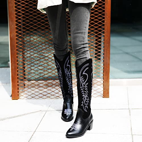 MJIASIAWA Mujer Sin Cordones Invierno Tacón Ancho Clásica Embroiderojo Knee Botas De Vaquero Chunky Western Retro Moda Botas De Montar Negro Talla 36 EU