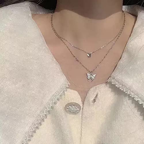 Moda Collar Joyas Gargantilla Collar de mariposa brillante para mujer, exquisito collar de cadena de clavícula de doble capa, joyería para mujer, regalo Parejas Fiesta San Valentín Cumpleaños Regalos