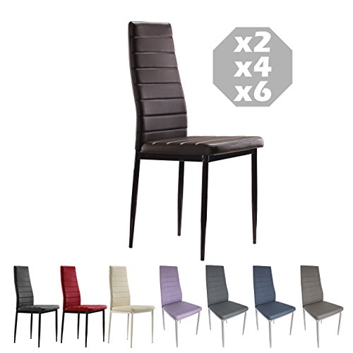 MOG CASA - Conjunto de 2, 4 o 6 sillas de Comedor con Patas metálicas y tapizadas de Piel sintética alcochado - Dimensiones 42x42x98cm (Choco, 6)