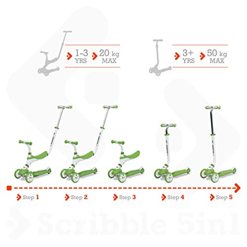 Mondo On & Go - Scribble Scooter para niños 5 en 1 - Scooter con Asiento, Pedales de Goma Suave y Scooter Grande de 3 Ruedas para niños - De 1 a 5 años | MAX 50 Kg - Color Verde - 28574, variabile