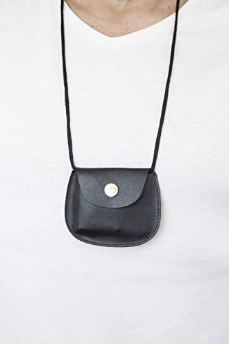 Monedero colgado del Cuello niños Monedero Colgante Cuello para señores y señoras LEAS, Piel auténtica (Dimensiones 9x7,5cm) (Negro)
