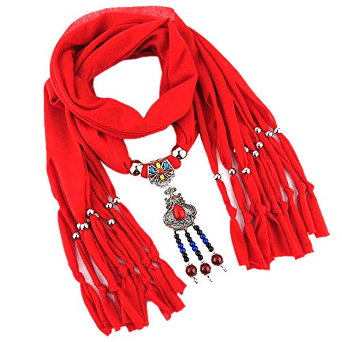 MoreChioce Collar mujer, estilo nacional, con flecos, joya el cuello, con diamantes imitación y perlas, anillo mujer, invierno, Cerámica roja., talla única
