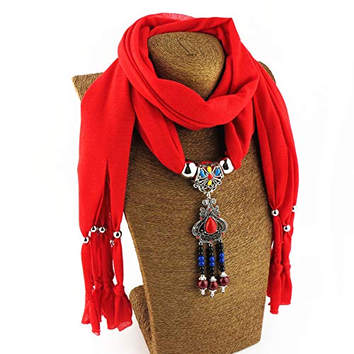 MoreChioce Collar mujer, estilo nacional, con flecos, joya el cuello, con diamantes imitación y perlas, anillo mujer, invierno, Cerámica roja., talla única