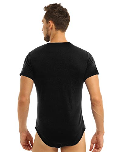 MSemis Body Camiseta Manga Corta para Hombre Body Ajustado Entrepierna de Algodón Mono Elásico Slim Fit Ropa de Dormir A Negro X-Large