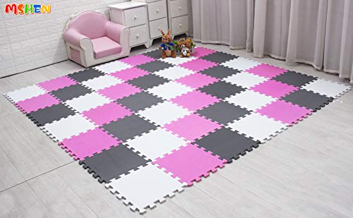 MSHEN 25 Piezas Alfombra Puzzle Bebe con Certificado CE y certificación EVA | Puzzle Suelo Bebe | Puede ser Lavado Goma eva,Tamaño 2.01cuadrado, blanco-rosa-gris-ACLg25