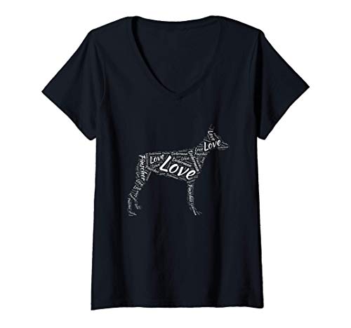Mujer Amor Doberman Pincher Perro Silueta Palabra Nube Regalo para Camiseta Cuello V