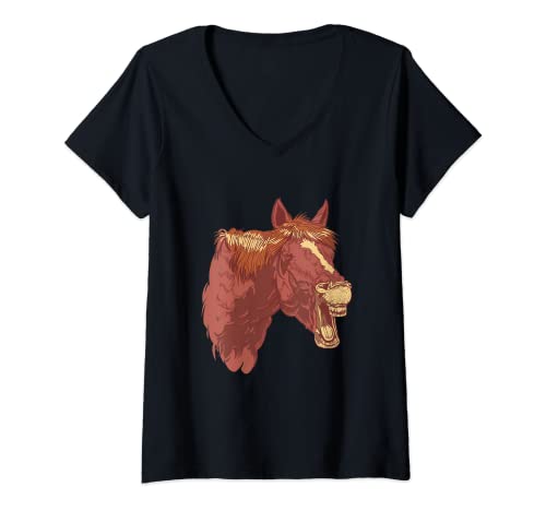 Mujer Caballo cara riendo caballo silueta montar a caballo regalo Camiseta Cuello V