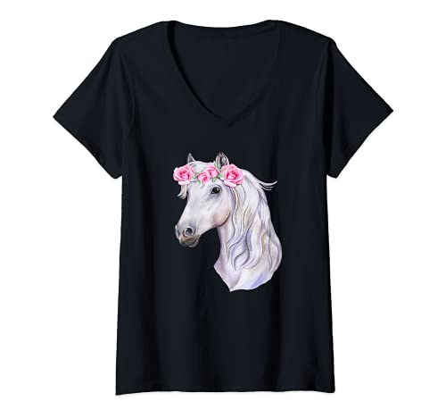 Mujer Cabeza de caballo, moho, rosas, equitación, ponis. Camiseta Cuello V