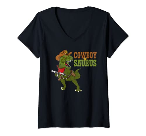Mujer Cowboy Rex Country Saurus dinosaurio en traje occidental divertido Camiseta Cuello V