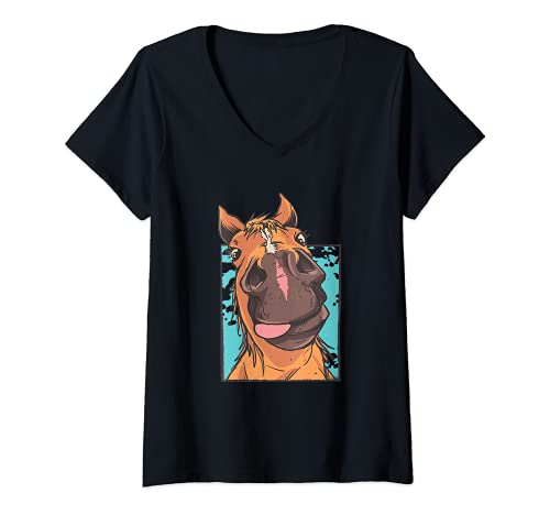 Mujer Diseño para damas de caballos con cara de caballo de cerca Camiseta Cuello V
