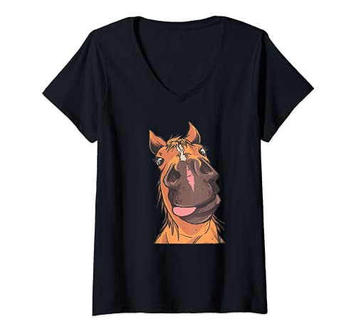 Mujer Divertida cabeza de caballo jinete dueño caballos Camiseta Cuello V