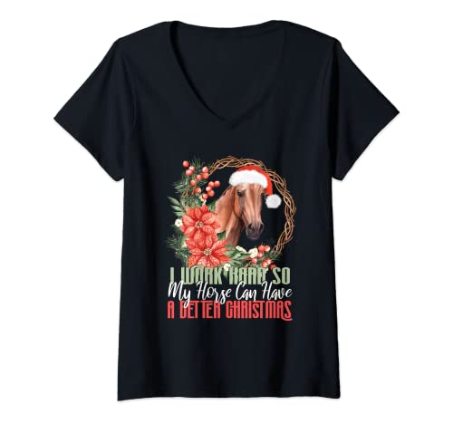 Mujer Divertido Caballo Navidad Camisa Equitación Ecuestre Camiseta Cuello V