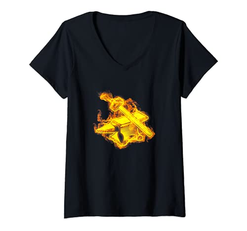 Mujer Fuego Yunque Y Martillo Llamas Fragua Forja Herrero Camiseta Cuello V