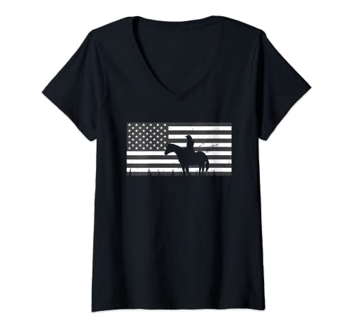 Mujer Gran Bandera Americana Vaquero Diseño Western Equitación Camiseta Cuello V