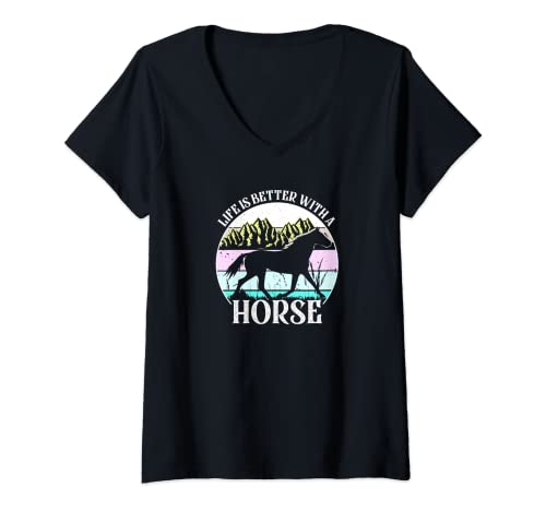 Mujer La vida es mejor con un regalo de equitación para niñas Camiseta Cuello V