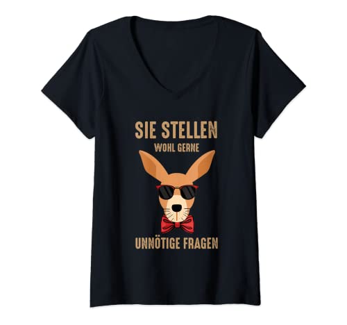 Mujer Mensaje de canguro en alemán «Da rienda suelta a preguntas innecesarias». Camiseta Cuello V