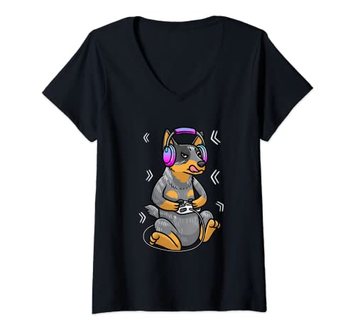 Mujer Perro Ganadero Australiano Gamer Gaming Boyero Australiano Camiseta Cuello V