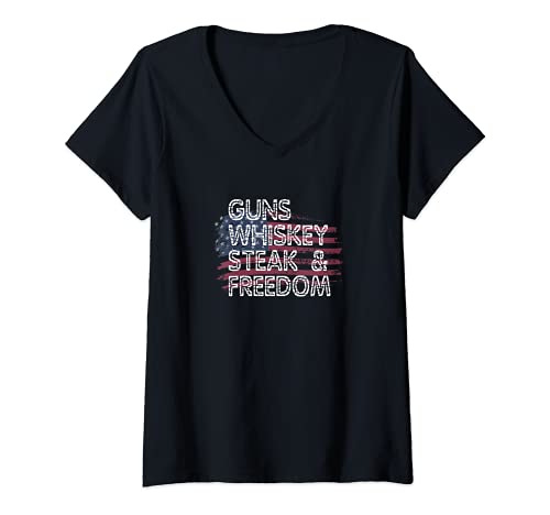 Mujer Pistolas Whisky Filete & Libertad Bandera Americana Patriótica USA 2A Camiseta Cuello V