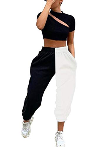 Mujer Primavera Otoño Moda Joven Pantalones Globo Bicolor Anchos Cintura Alta Pantalones De Tiempo Libre Pluderhose Hip Hop Streetwear (Negro,S)
