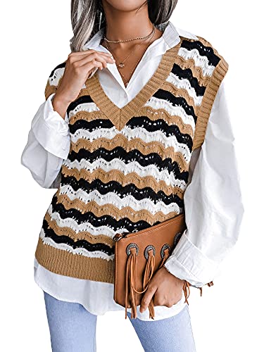 Mujeres Y2K Chaleco suéter de Punto Rayas onduladas patrón de Rombos Bloque de Color Ajuste Holgado sin Mangas con Cuello en V Profundo Tops de Punto (B#Khaki, Small)