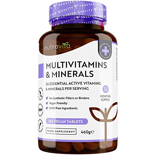 Multivitaminas y Minerales - 365 Comprimidos Veganos - Complejo Vitaminico con 26 Activos Esenciales Vitamina D3, C, A, B, E, Yodo, Selenio, Calcio, Hierro, Zinc - Multivitamínicos para Hombre y Mujer