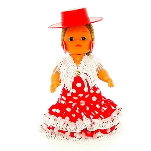 Muñeca colección Regional 15 cm. Vestido típico andaluza Flamenca Sombrero cordobés cordobesa, Fabricada en España por Folk Artesanía Muñecas (Negro Lunar Rojo)