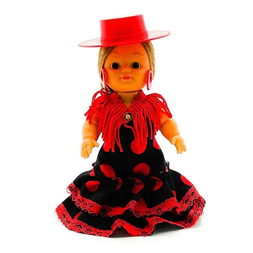 Muñeca colección Regional 15 cm. Vestido típico andaluza Flamenca Sombrero cordobés cordobesa, Fabricada en España por Folk Artesanía Muñecas (Negro Lunar Rojo)