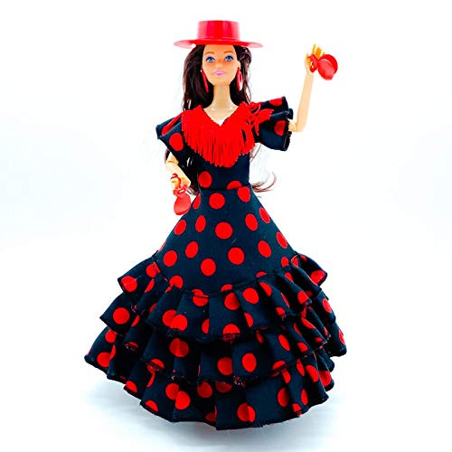 Muñeca, Vestido Flamenca andaluza, Pendientes, Sombrero, peinetas y castañuelas, muñeca maniquí incluida. Fabricado en España por Folk Artesanía (Vestido Blanco Lunar Rojo)