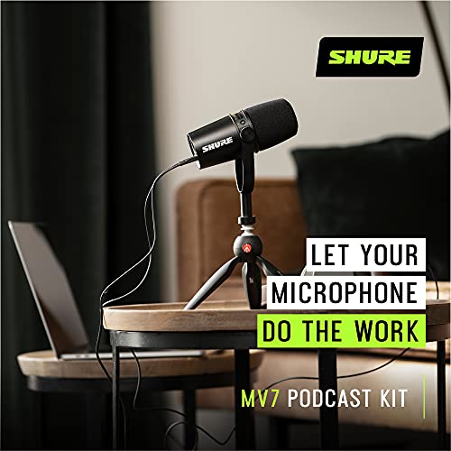 MV7 Micrófono USB con trípode para realizar podcasts, grabar, hacer streaming y jugar, salida de auricular integrada, micrófono dinámico USB/XLR de metal, tecnología de aislamiento de voz
