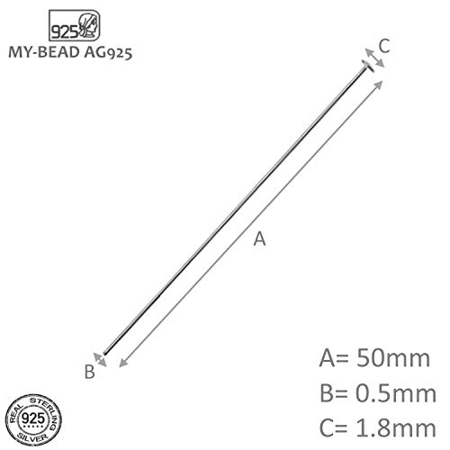 My-Bead 10 Piezas Bastones Cabeza de alfiler 50mm Cabeza 1.8mm Plata de Ley 925 para bisutería DIY