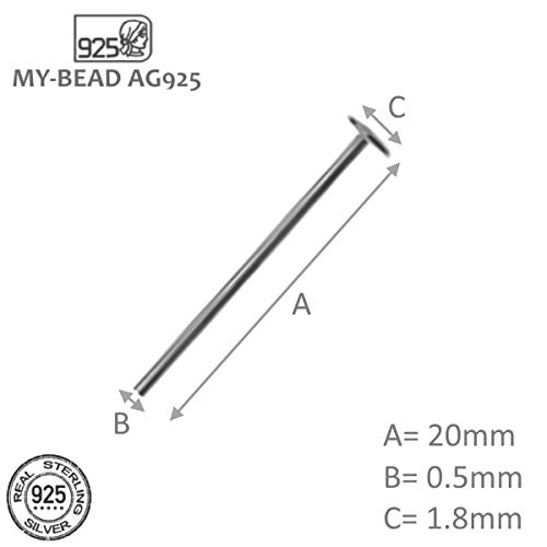 My-Bead 40 Piezas Bastones Cabeza de alfiler 20mm Cabeza 1.8mm Plata de Ley 925 para bisutería DIY