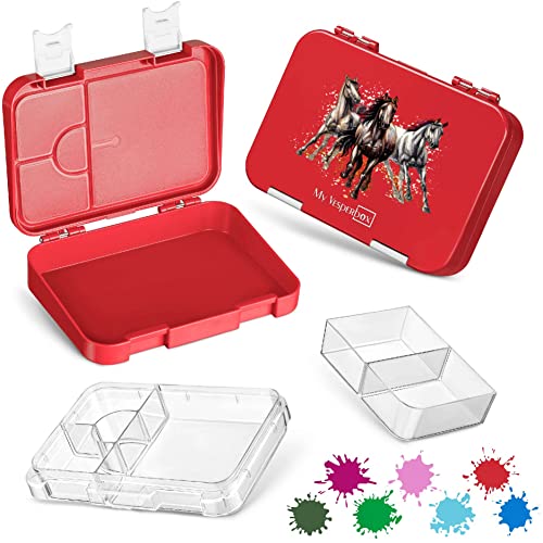 My Vesperbox – Bento Box para niños – Fiambrera con 4 + 2 compartimentos – Extremadamente resistente – Fiambrera – Fiambrera ideal para la guardería y la escuela... (rojo – caballos)