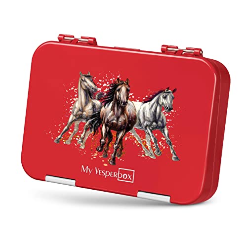 My Vesperbox – Bento Box para niños – Fiambrera con 4 + 2 compartimentos – Extremadamente resistente – Fiambrera – Fiambrera ideal para la guardería y la escuela... (rojo – caballos)