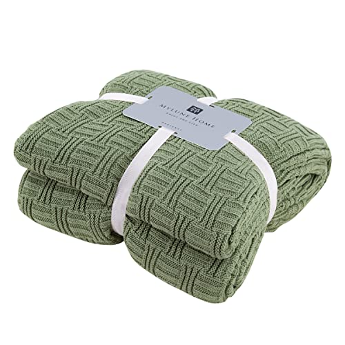 MYLUNE HOME Elegante manta de punto 100% algodón para ver la televisión o tomar un capazo en la silla, sofá y cama (180 x 200 cm), color verde claro