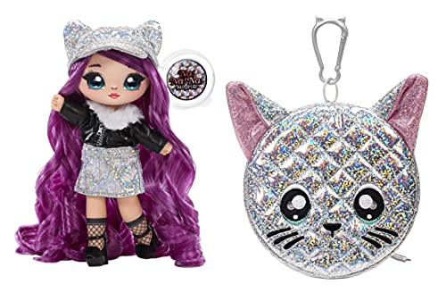 Na! Na! Na! Surprise Moda 2-en-1 Serie Glam-Coleccionable-Muñeca con pelo morado, vestido negro y plateado y bolso con forma de gato-Chrissy Diamond, color 575344C3