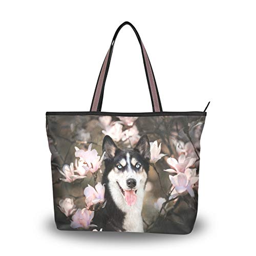 NaiiaN Bolso ligero con correa, bolsos de compras para mujeres, niñas, señoras, bolso de mano para estudiantes, bolsos de hombro con flores rosas y flores de primavera para perro Husky