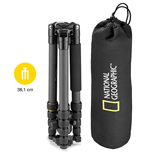 National Geographic NGTR004CF - Kit de trípode de viaje con monopié, fibra de carbono, patas de 5 secc., bloqueo por torsión, peso 8 kg, bolso, rótula, liberación rápida, color negro