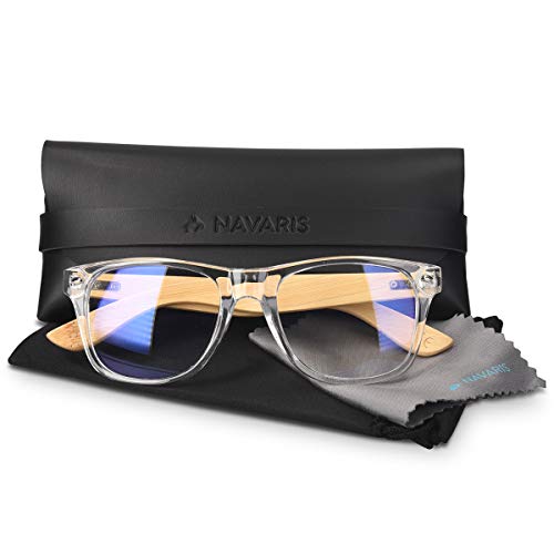 Navaris gafas para el ordenador de bambú - Gafas antifatiga con patillas de madera - Gafas retro para hombre y mujer con filtro de luz azul - Transparente