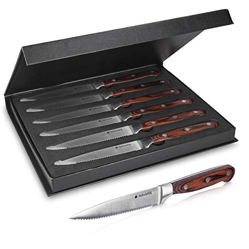 Navaris Set de Cuchillos para Carne - Juego de 6X Cuchillo de Acero Inoxidable con Mango de Madera - Cuchillos chuleteros con Filo de Sierra