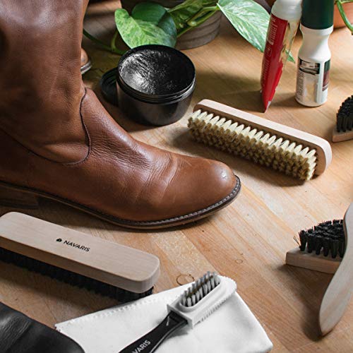 Navaris Set de Limpieza de Zapatos - Kit 6X Cepillo 1x Esponja para Suciedad y 1x paño de Pulido - Cepillos para Distintos Tipos de Calzado de Cuero
