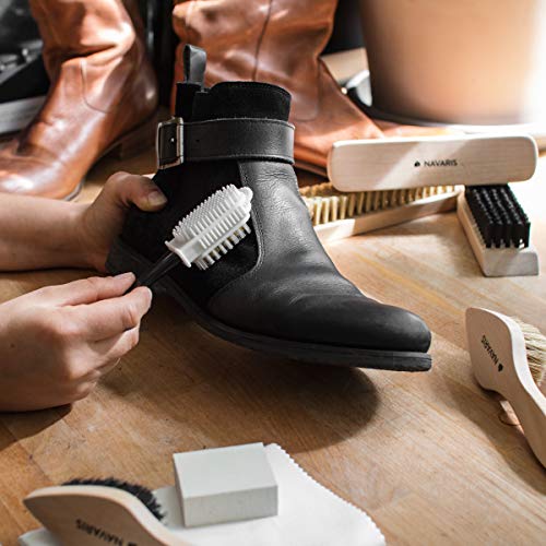 Navaris Set de Limpieza de Zapatos - Kit 6X Cepillo 1x Esponja para Suciedad y 1x paño de Pulido - Cepillos para Distintos Tipos de Calzado de Cuero