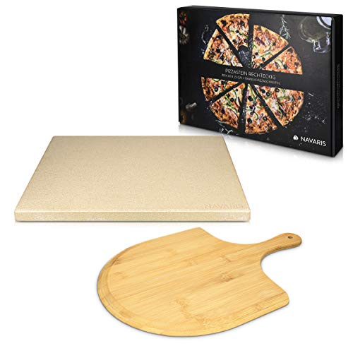 Navaris Set de piedra y pala para pizza - Piedra para horno de cordierita y pala de bambú - Bandeja para parrilla barbacoa y grill de 38 x 30 CM